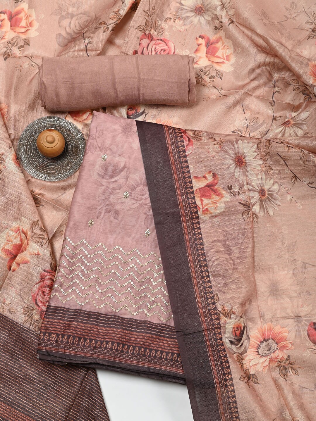 

Meena Bazaar Peach-Coloured & Brown Printed Pure Silk Unstitched Dress Material