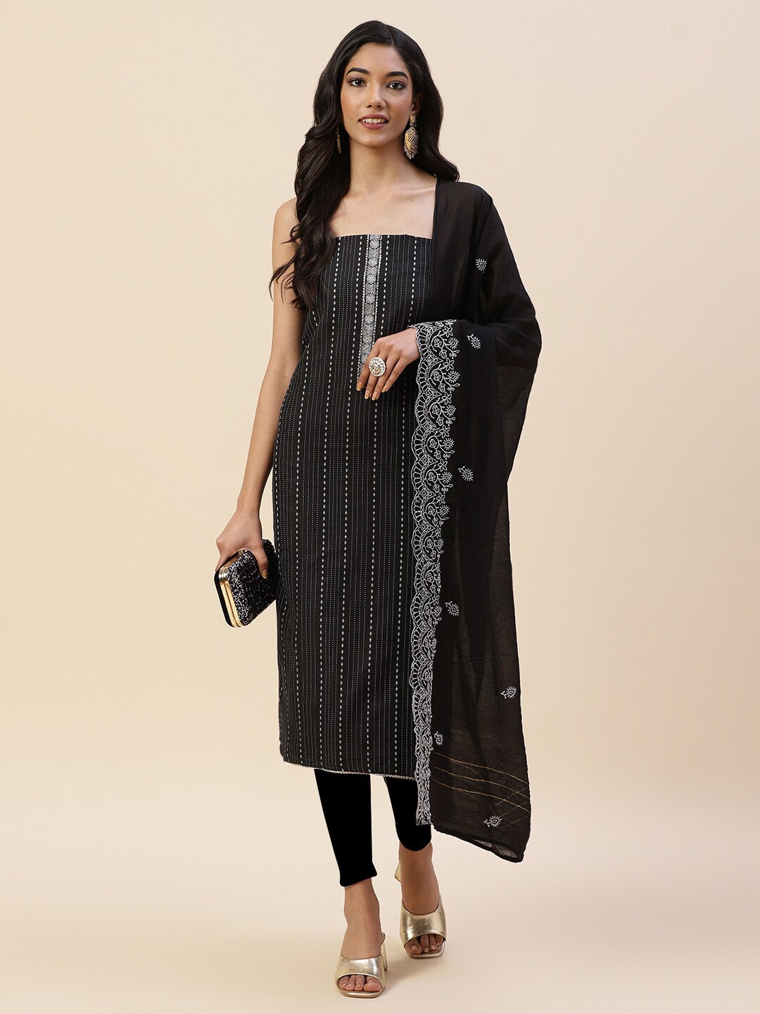 

Meena Bazaar Black & White Pure Cotton Unstitched Dress Material