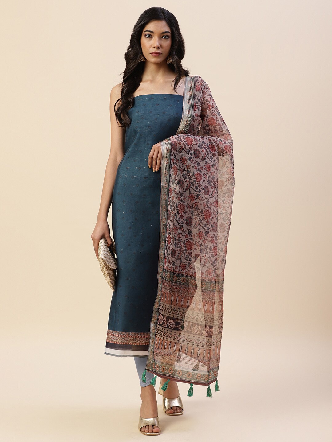 

Meena Bazaar Pure Silk Unstitched Dress Material, Blue