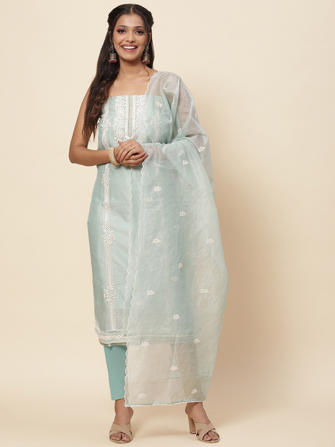 

Meena Bazaar Green & White Embroidered Pure Cotton Unstitched Dress Material