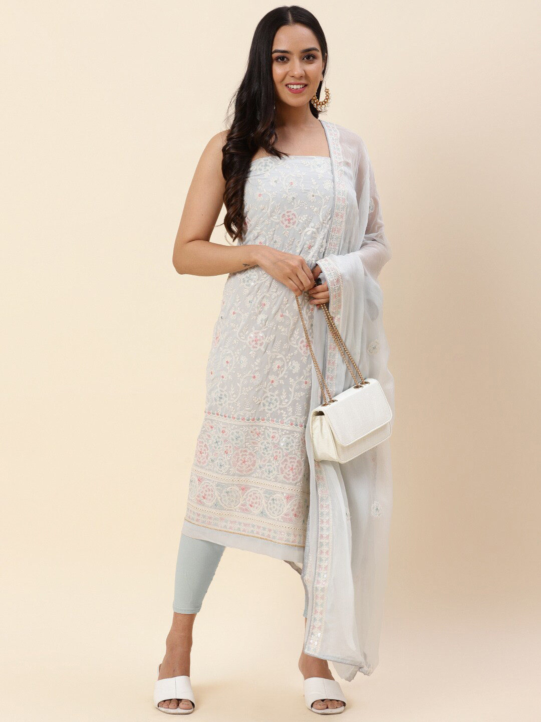 

Meena Bazaar Blue & Pink Embroidered Silk Georgette Unstitched Dress Material