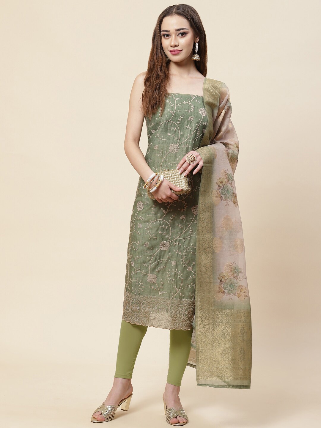 

Meena Bazaar Green & Gold-Toned Embroidered Pure Silk Unstitched Dress Material