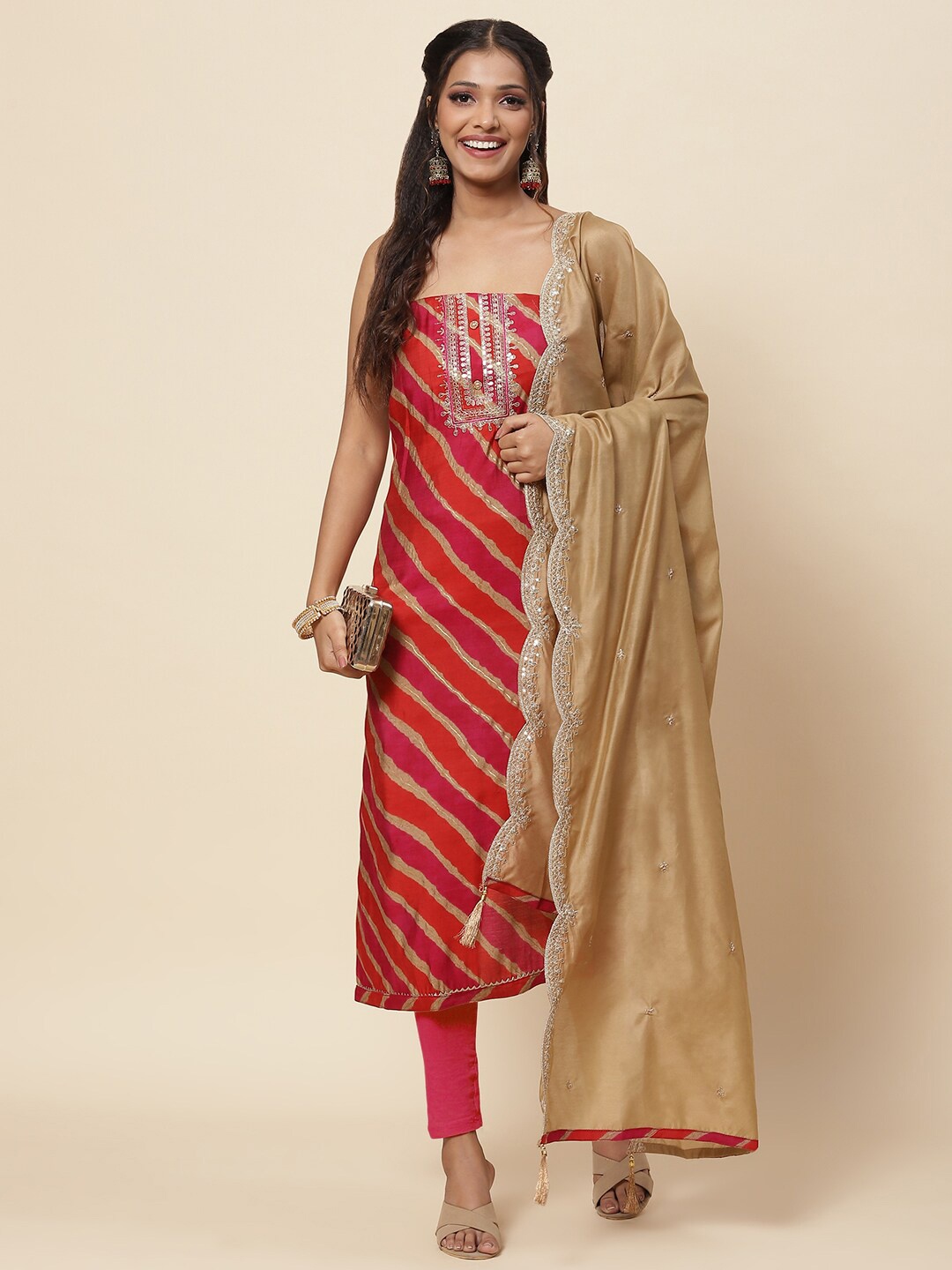 

Meena Bazaar Pink & Brown Embroidered Pure Cotton Unstitched Dress Material