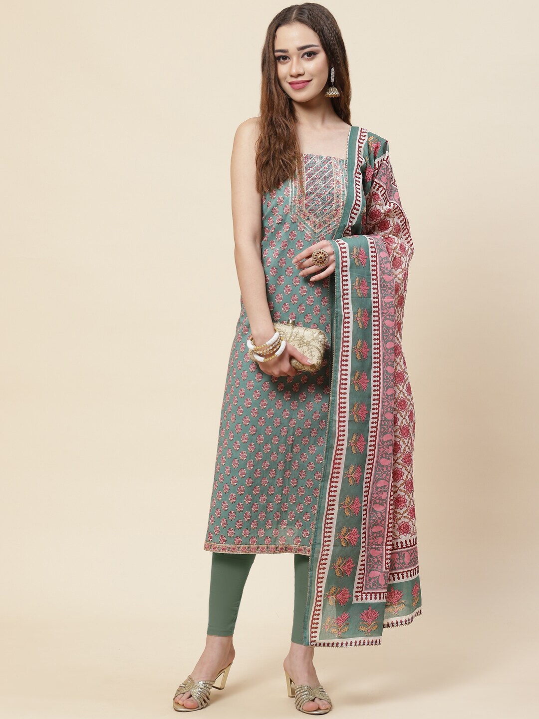 

Meena Bazaar Green & Pink Printed Pure Cotton Unstitched Dress Material
