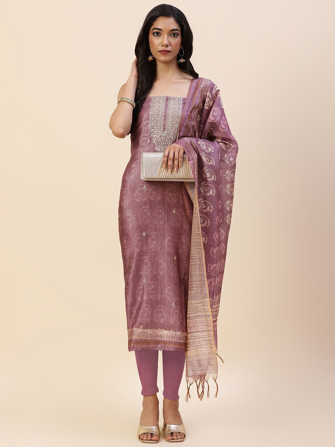 

Meena Bazaar Pink & Gold-Toned Embroidered Pure Silk Unstitched Dress Material