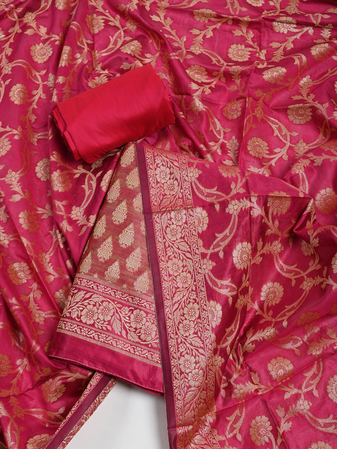 

Meena Bazaar Pink & Gold-Toned Pure Silk Unstitched Dress Material