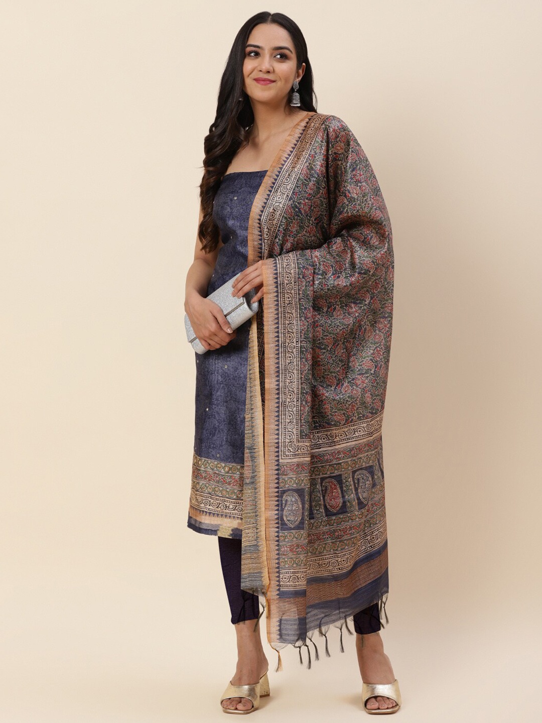 

Meena Bazaar Blue & Brown Printed Pure Silk Unstitched Dress Material