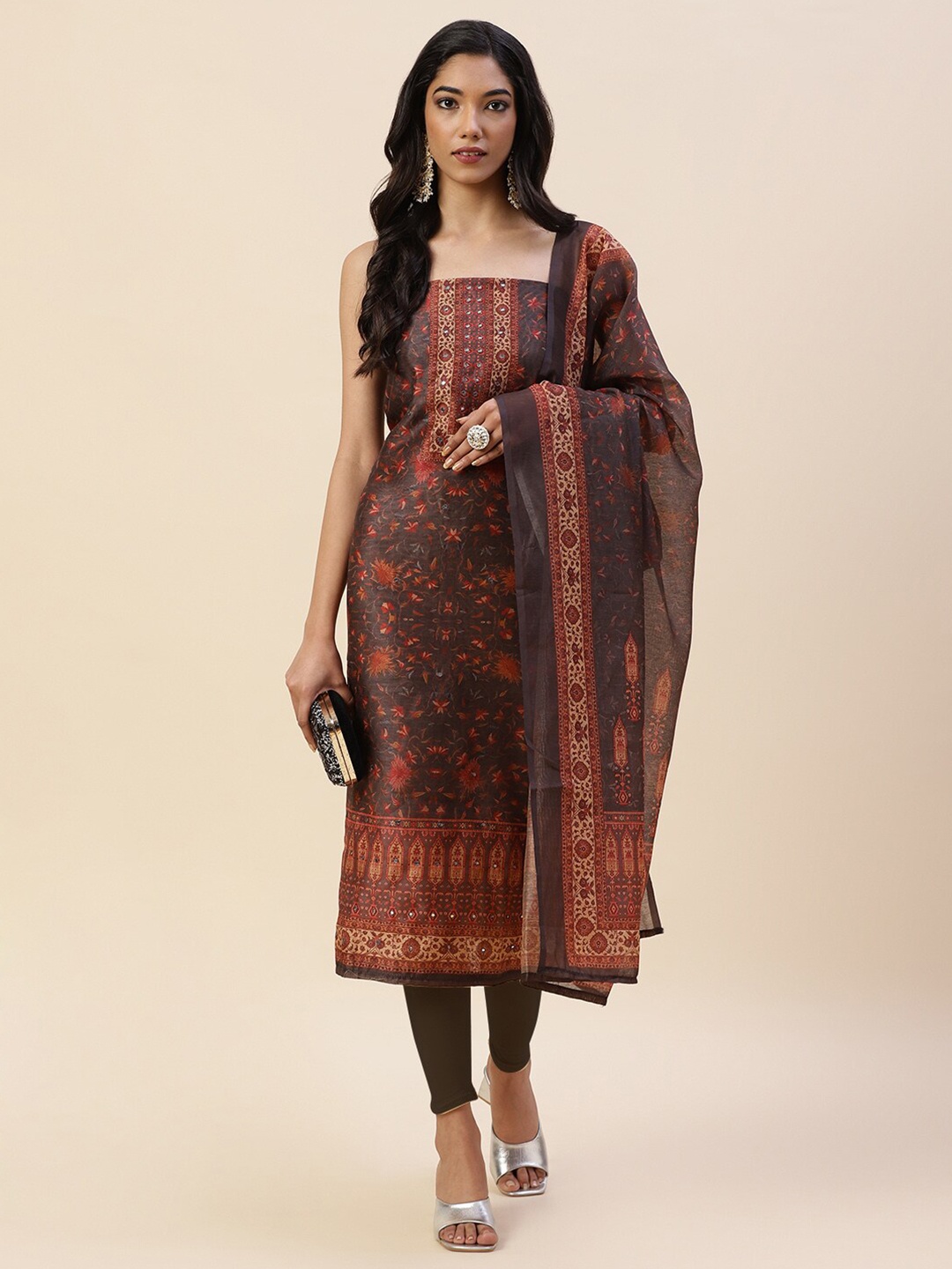 

Meena Bazaar Brown & Red Printed Pure Silk Unstitched Dress Material