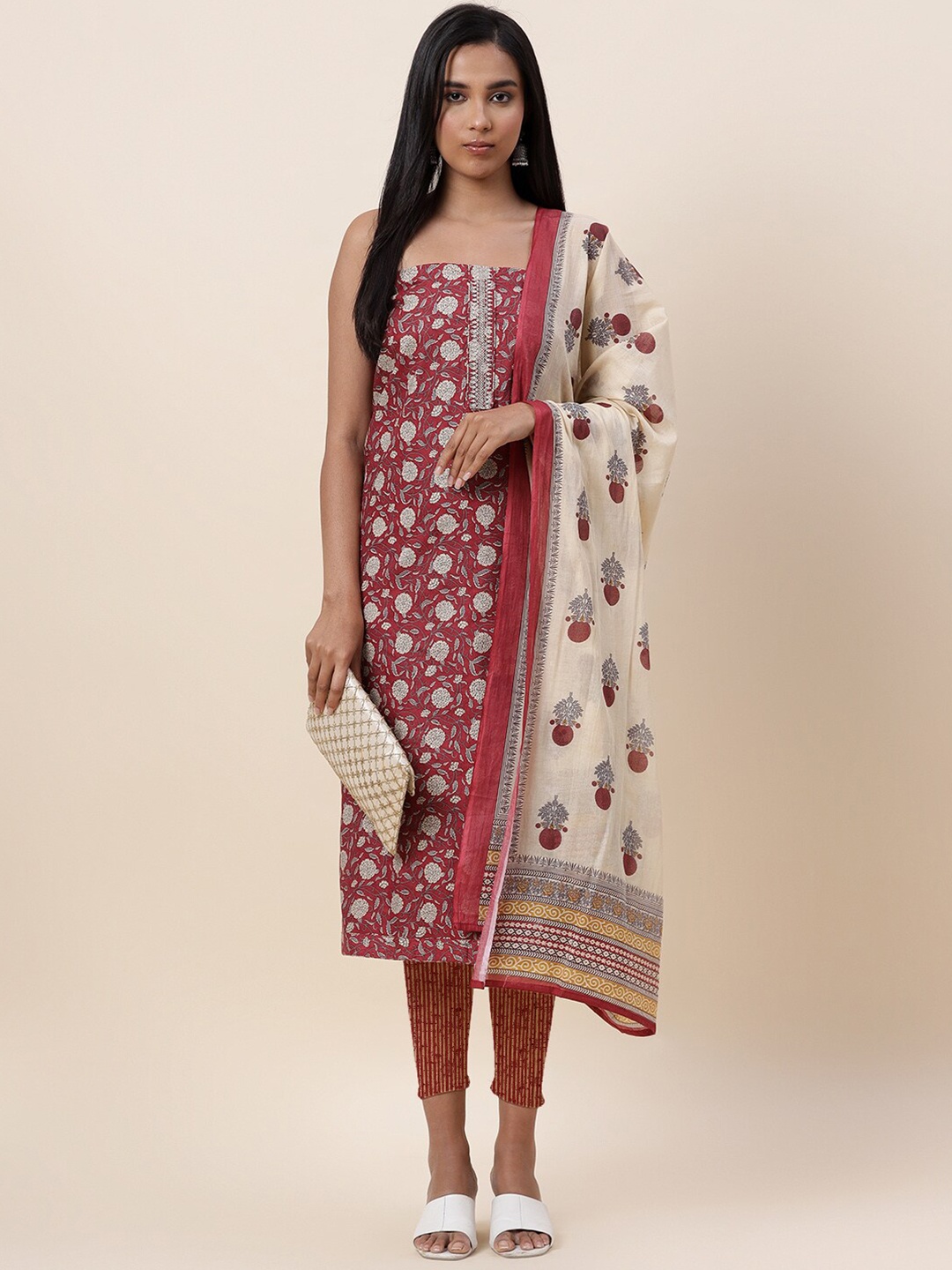

Meena Bazaar Maroon & White Printed Pure Cotton Unstitched Dress Material