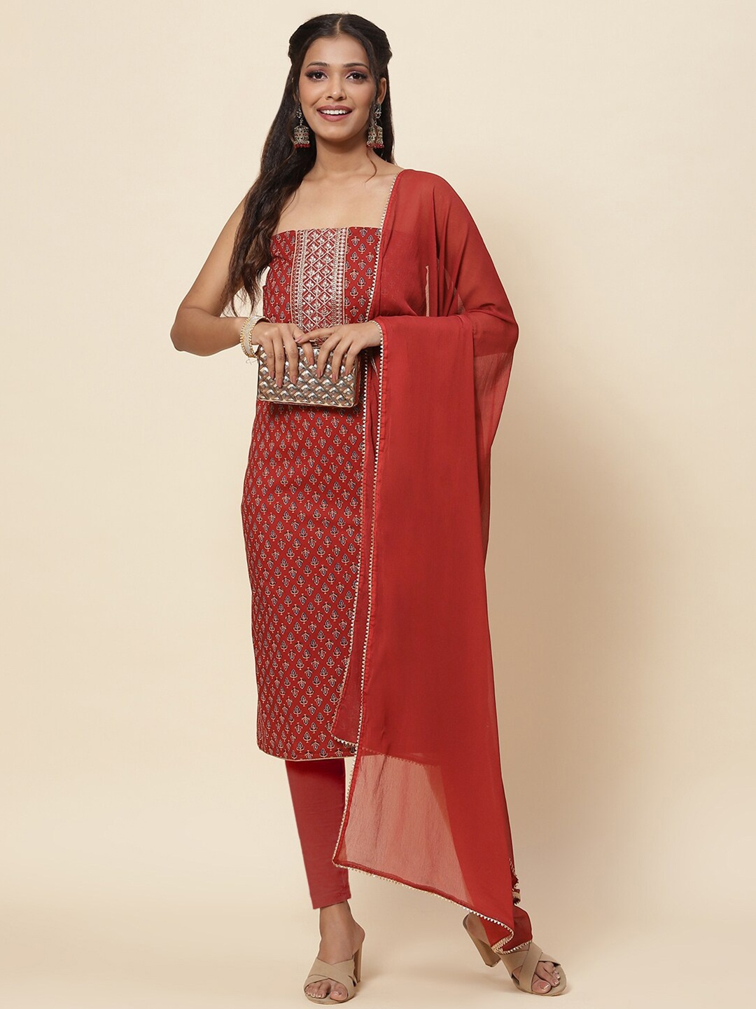 

Meena Bazaar Maroon & White Embroidered Pure Cotton Unstitched Dress Material