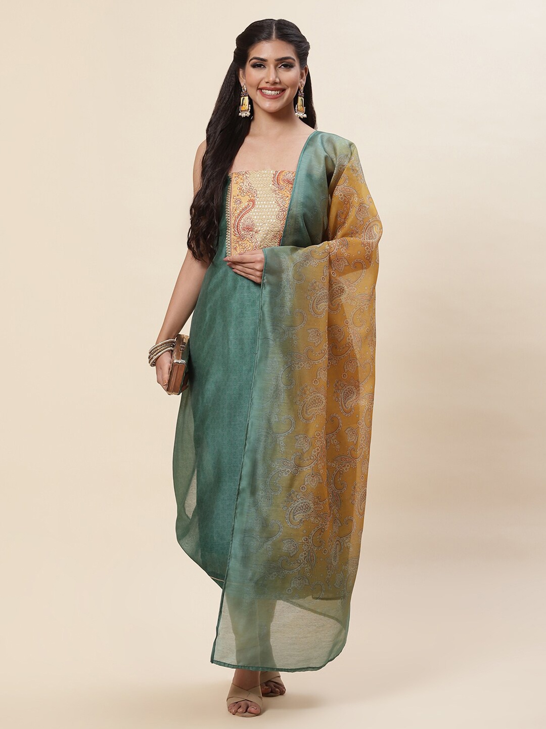 

Meena Bazaar Green & Beige Embroidered Pure Silk Unstitched Dress Material