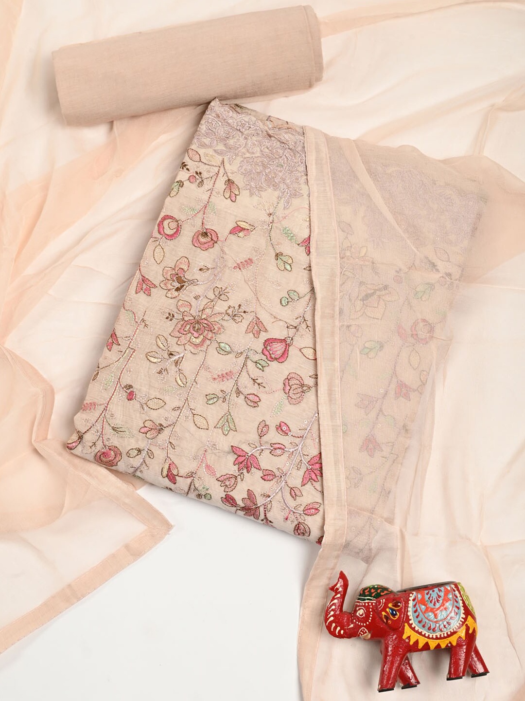 

Meena Bazaar Pink & Green Printed Pure Silk Unstitched Dress Material