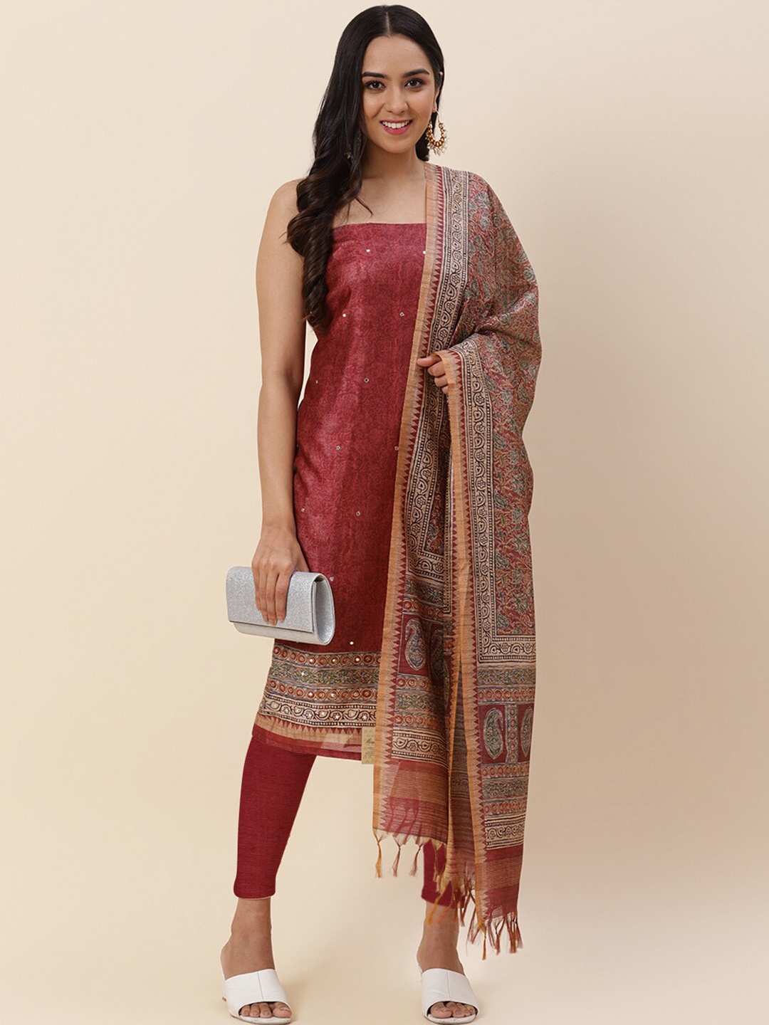 

Meena Bazaar Maroon & Cream-Coloured Printed Pure Silk Unstitched Dress Material