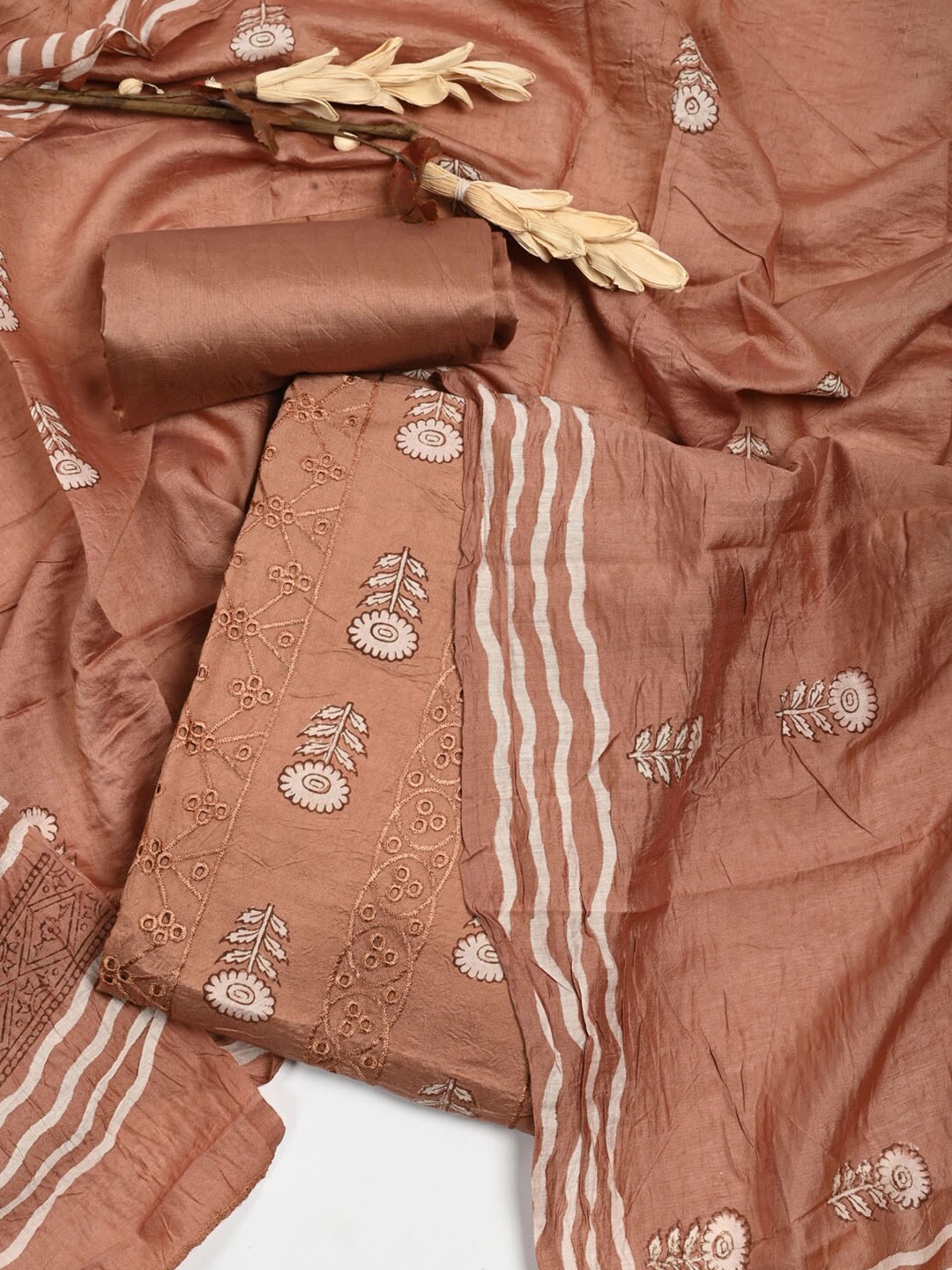 

Meena Bazaar Brown & White Printed Pure Cotton Unstitched Dress Material