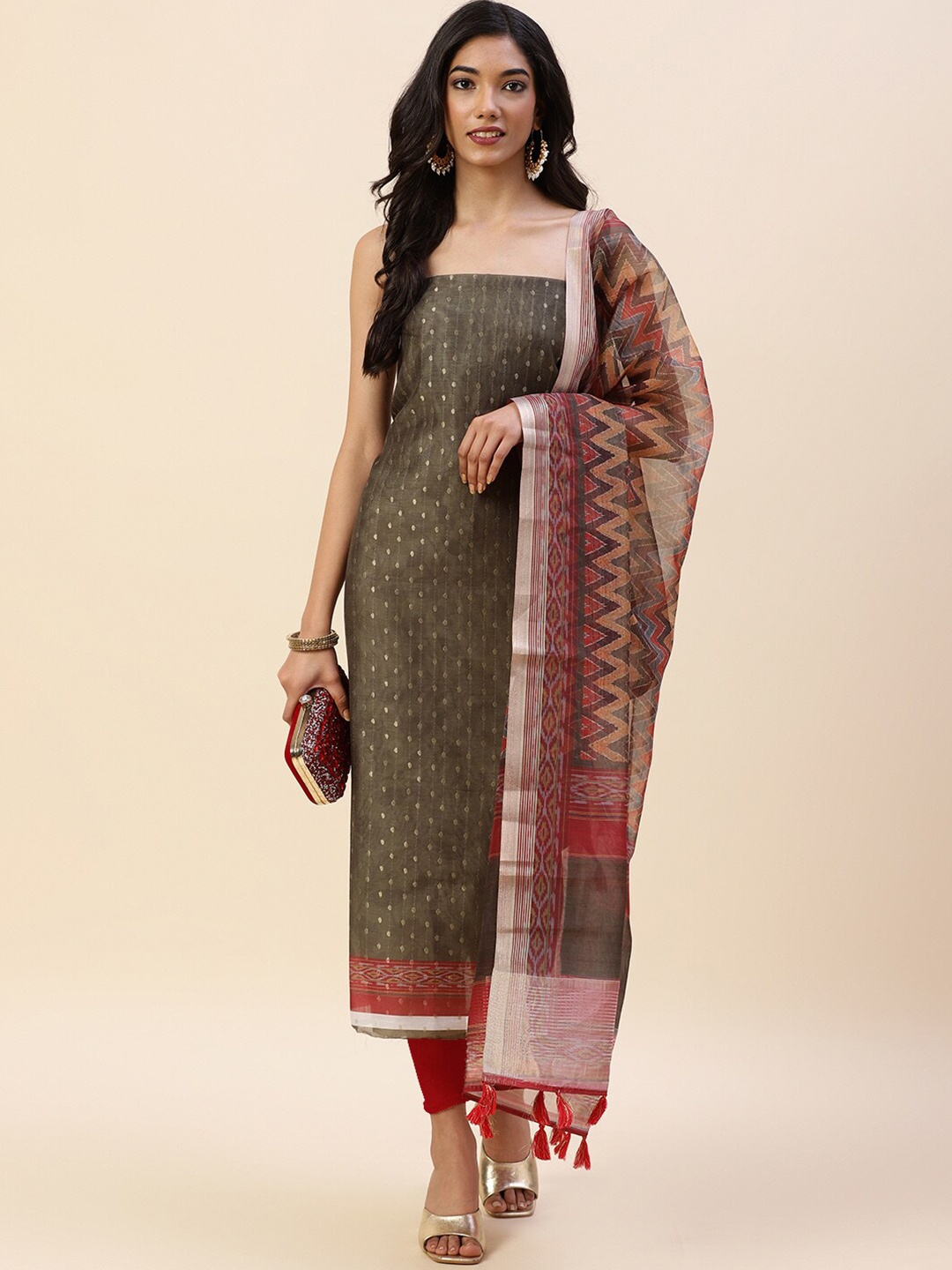 

Meena Bazaar Green & Red Pure Silk Unstitched Dress Material