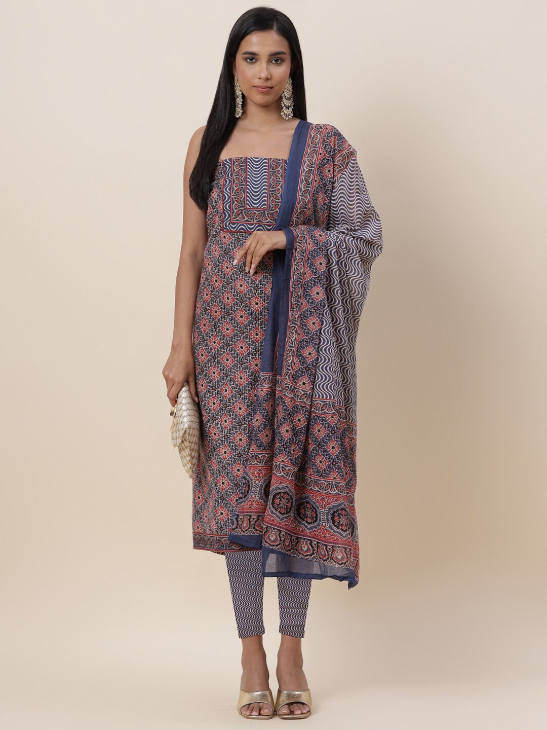 

Meena Bazaar Blue & Red Printed Pure Cotton Unstitched Dress Material