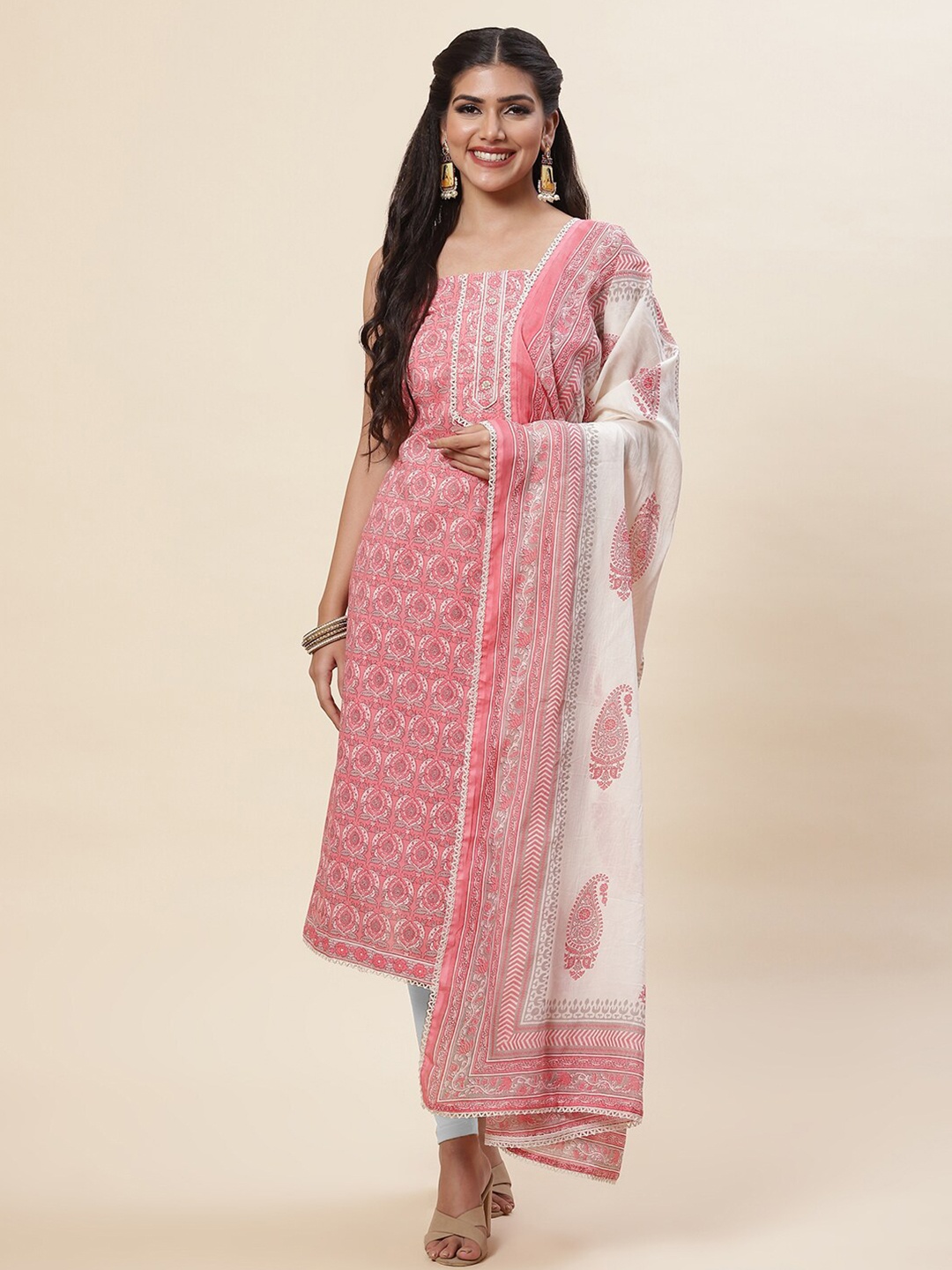 

Meena Bazaar Pink & White Printed Pure Cotton Unstitched Dress Material