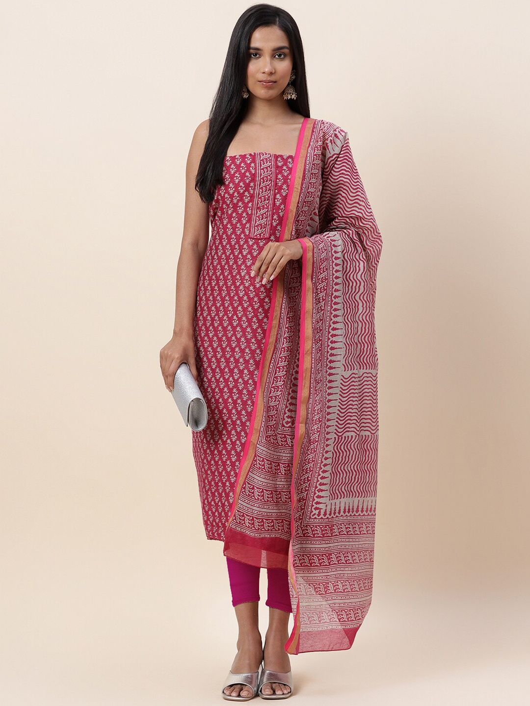 

Meena Bazaar Pink & Grey Printed Pure Silk Unstitched Dress Material