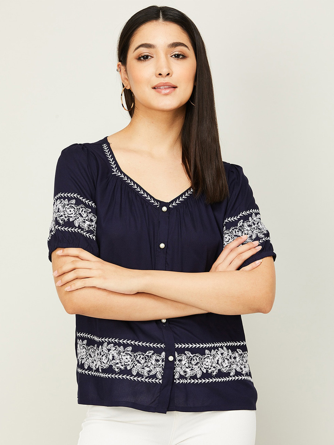 

Fame Forever by Lifestyle Floral Embroidered Shirt Style Top, Navy blue