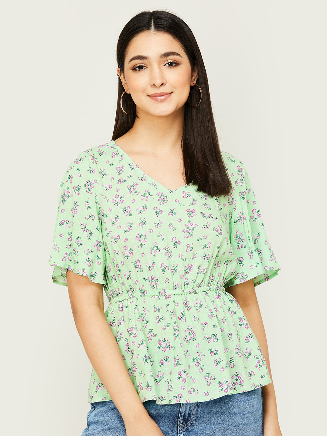 

Fame Forever by Lifestyle Green Floral Print Cinched Waist Top