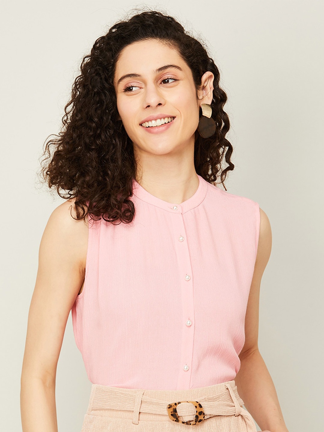 

Fame Forever by Lifestyle Pink Mandarin Collar Shirt Style Top