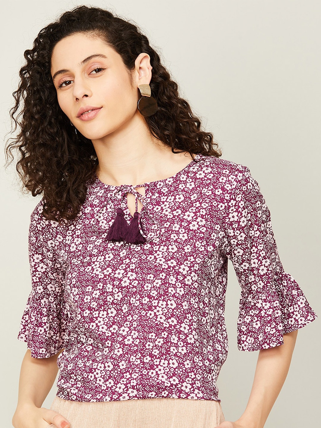 

Fame Forever by Lifestyle Floral Print Tie-Up Neck Top, Purple