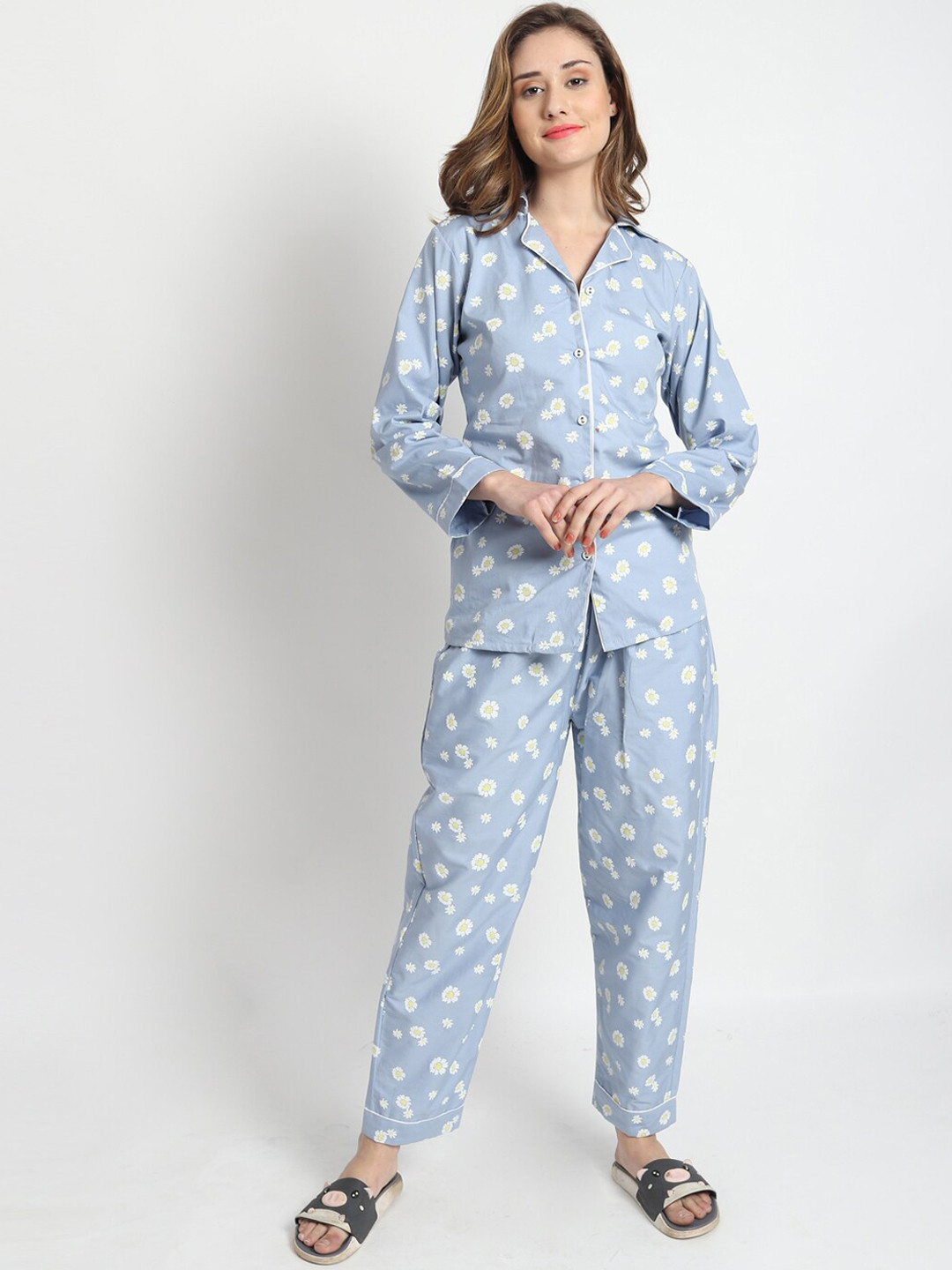 

ISAM Floral Printed Pure Cotton Night Suit, Blue