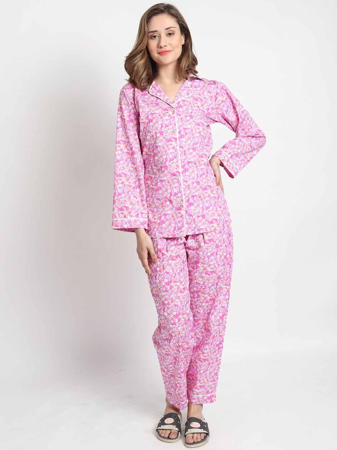 

ISAM Floral Printed Pure Cotton Night Suit, Purple