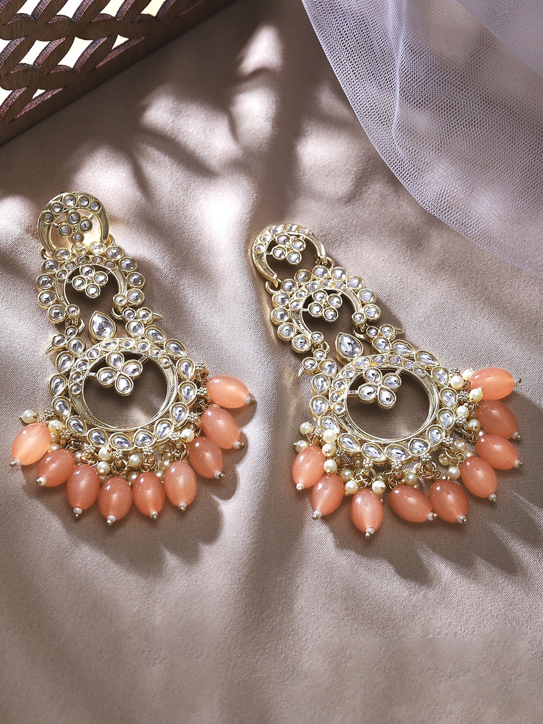 

Rubans 24k Gold-Plated Kundan Studded Pearl & Pink Beads Chandlier Earrings, Peach