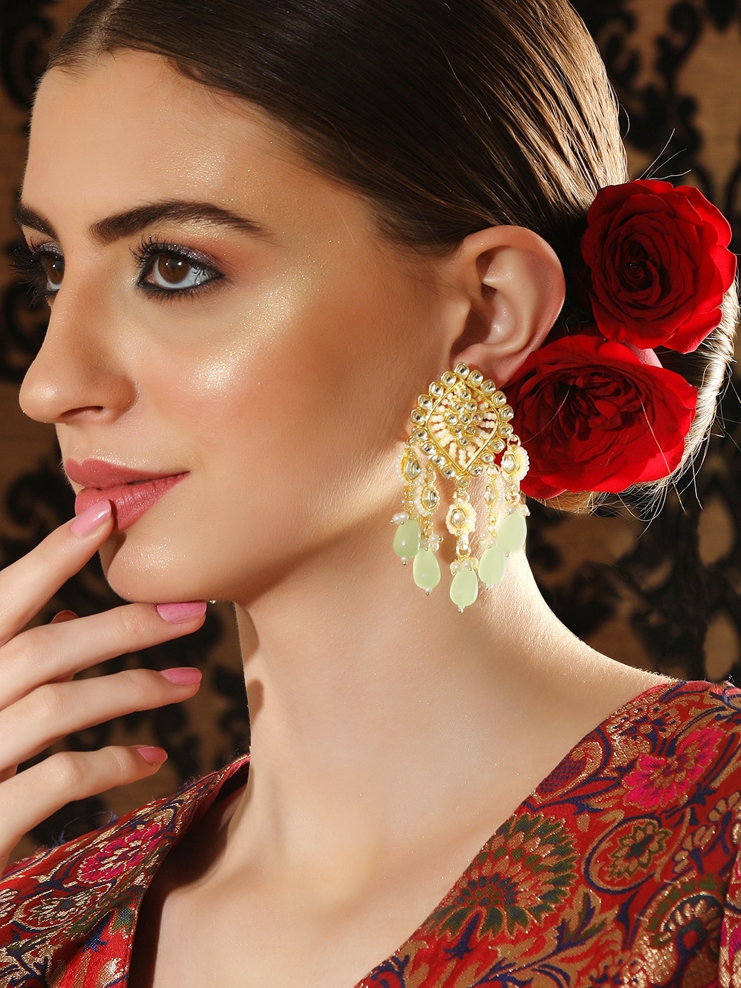 

Rubans 24K Gold Plated Kundan Studded Pearl & Mint Green BeadsChandlier Earrings
