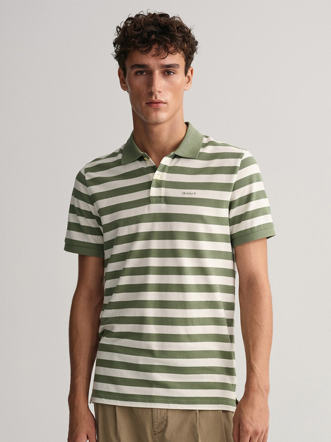 

GANT Men Striped Cotton Polo Collar T-shirt, Green