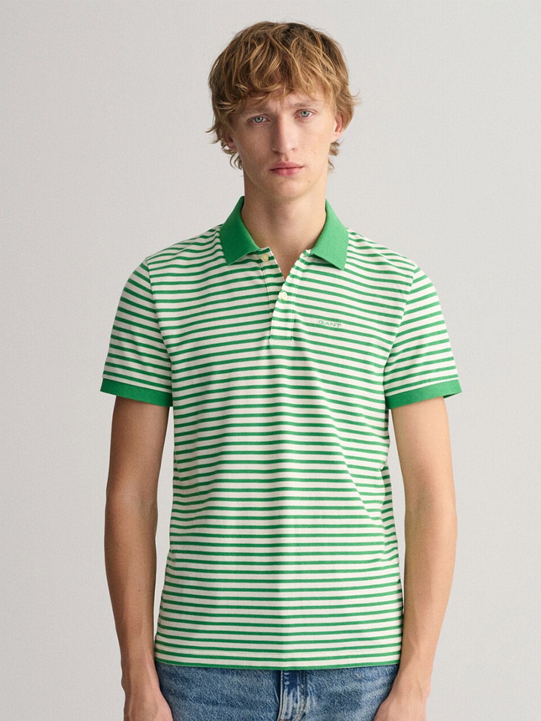 

GANT Men Green Striped Polo Collar T-shirt