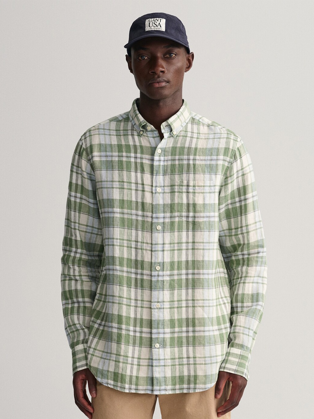 

GANT Men Classic Tartan Checked Linen Casual Shirt, Green