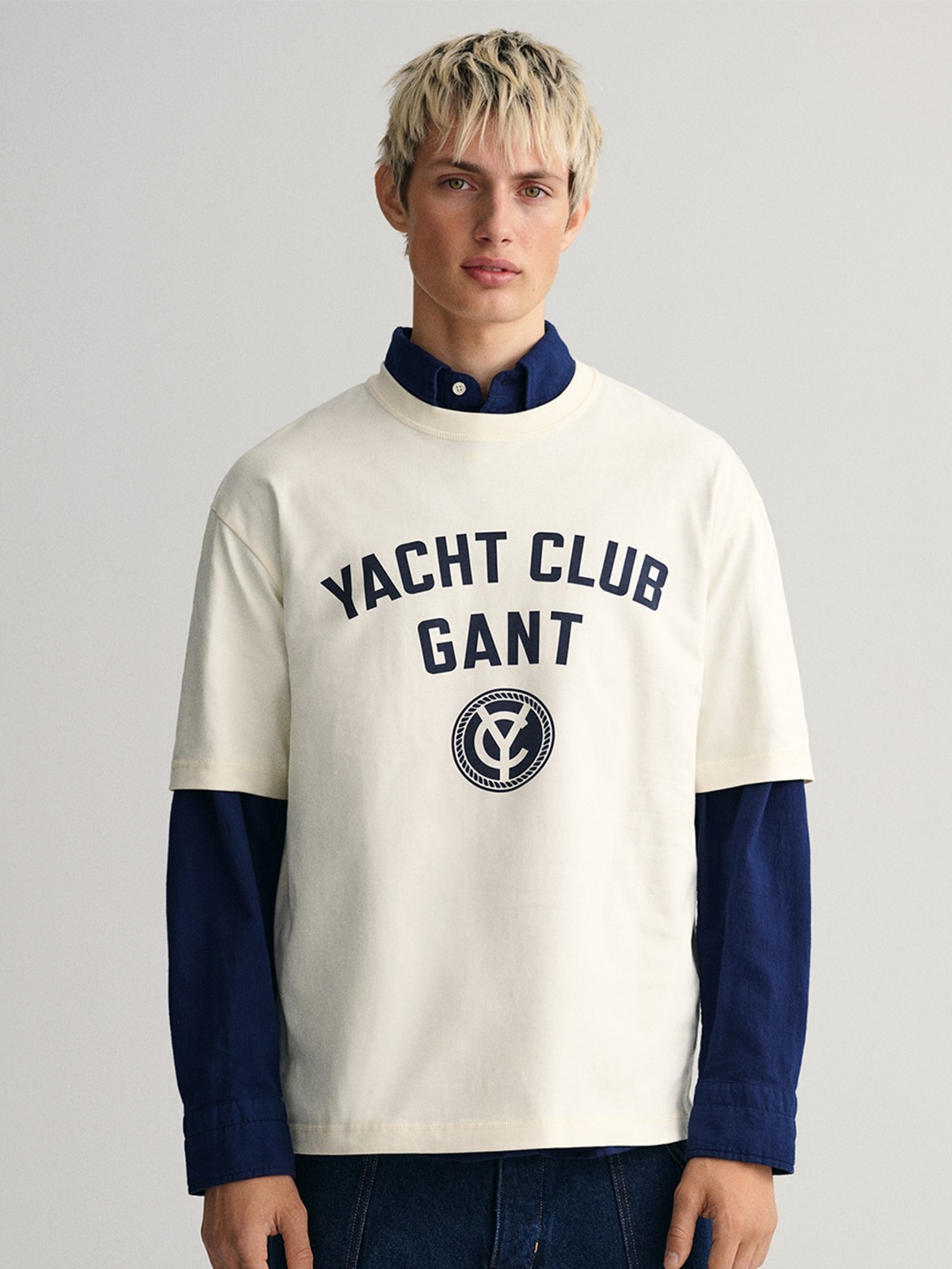 GANT Men Cream-Coloured Typography Printed Applique T-shirt