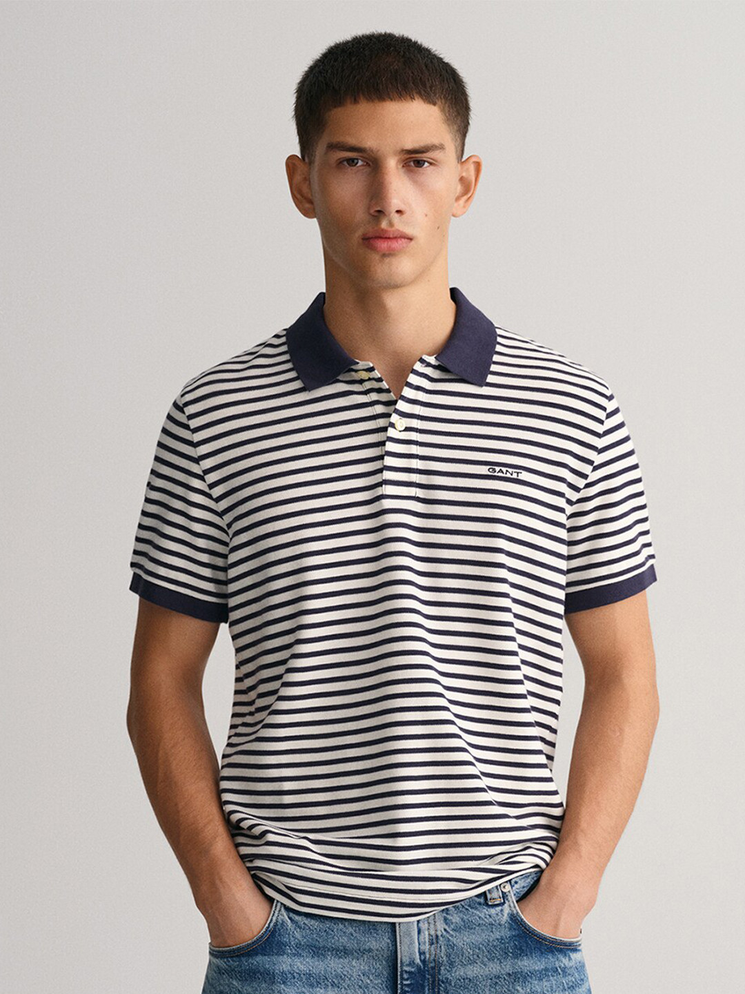 

GANT Men Striped Cotton Polo Collar T-shirt, Blue