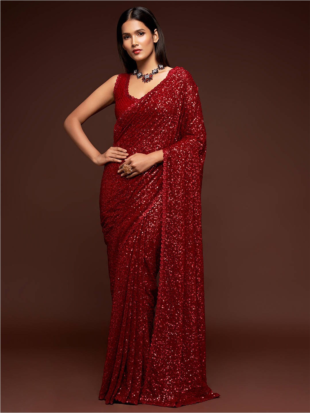 

FABPIXEL Embellished Sequinned Pure Georgette Saree, Red