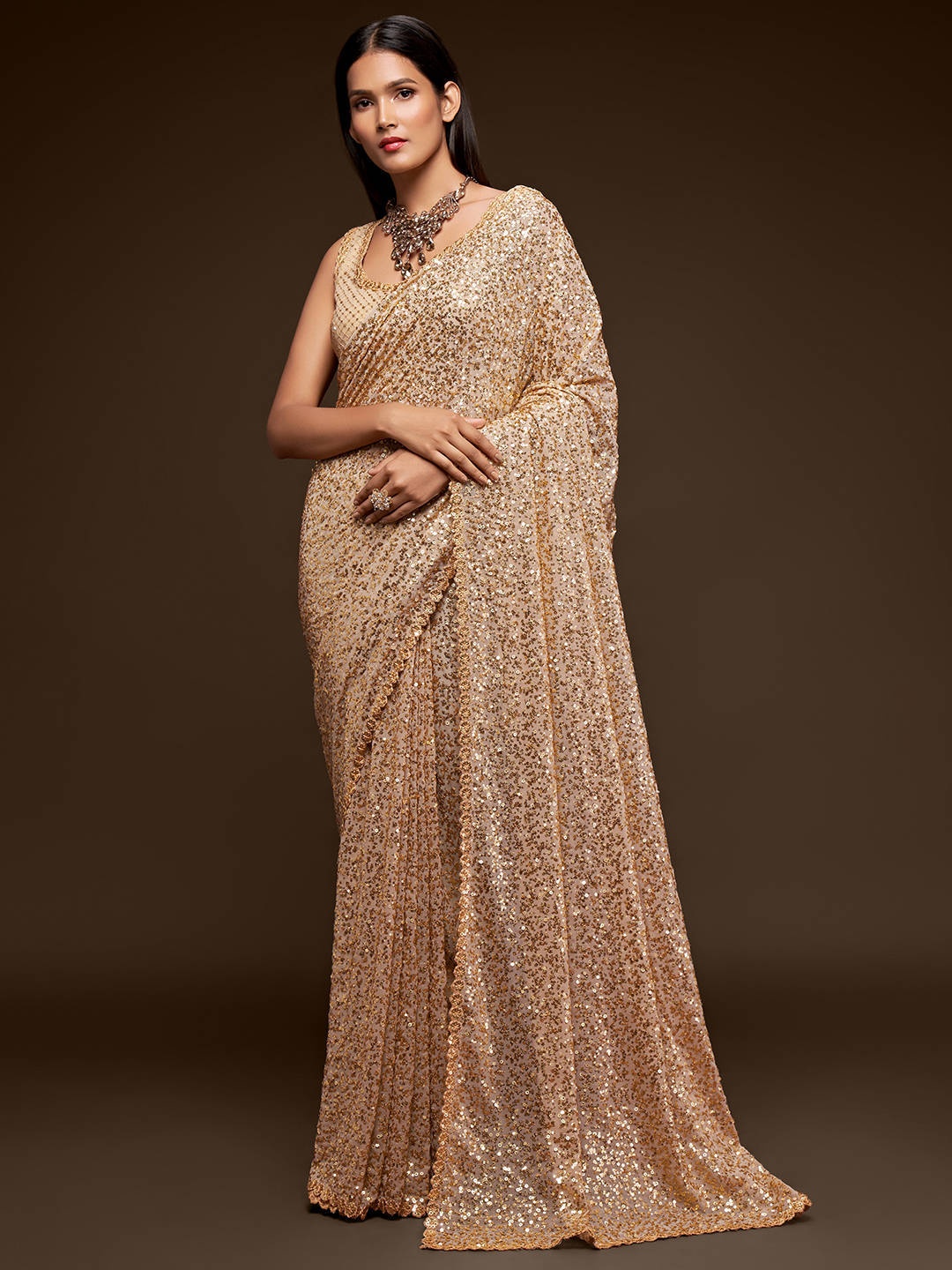 

FABPIXEL Sequined Pure Georgette Saree, Beige
