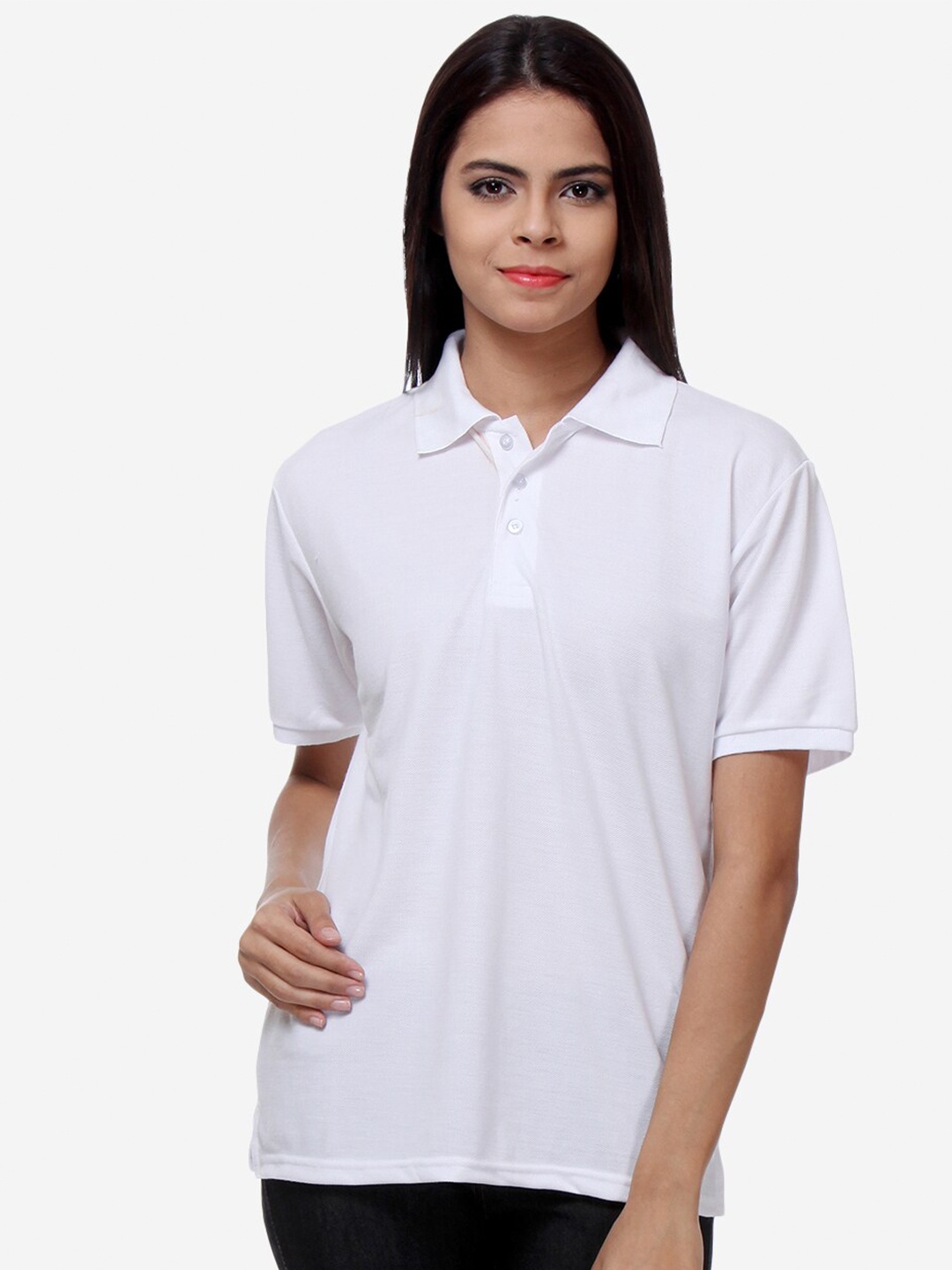 

TEEMOODS Women White Polo Collar Outdoor T-shirt