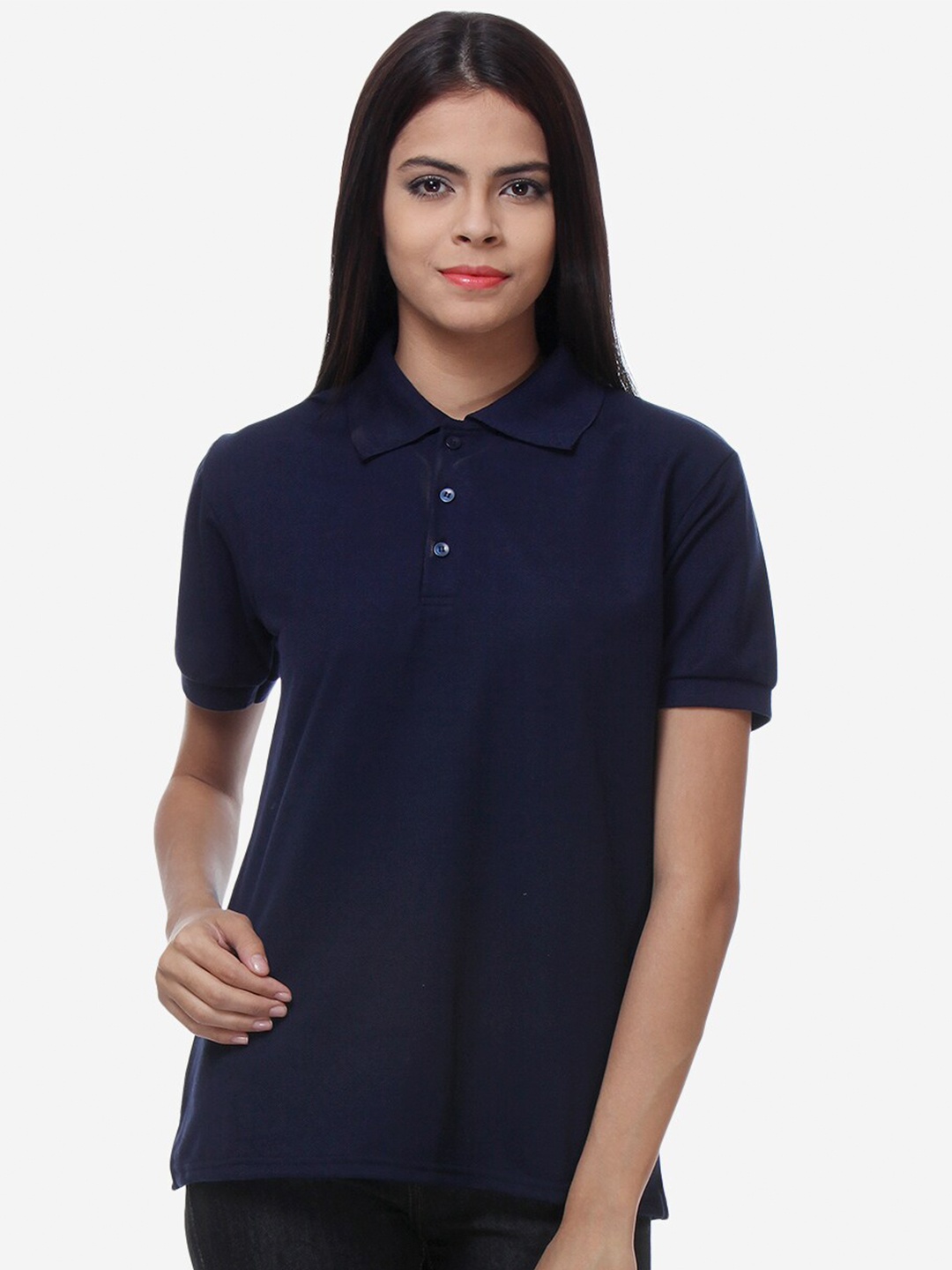 

TEEMOODS Women Navy Blue Polo Collar Applique Outdoor T-shirt