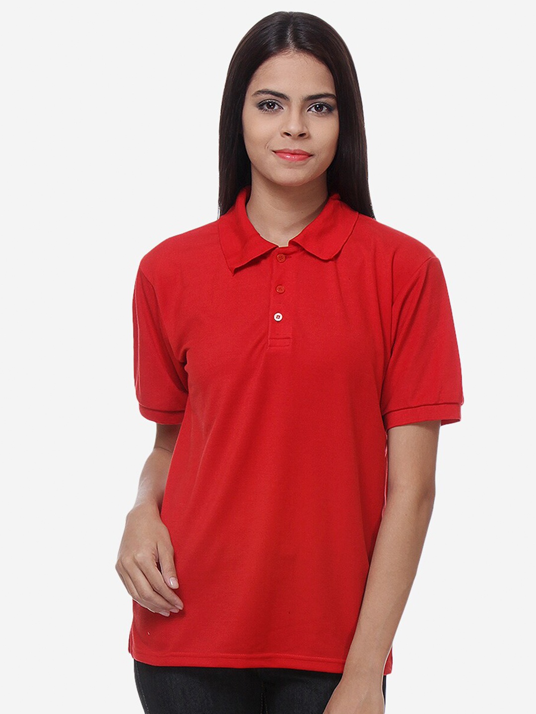 

TEEMOODS Women Red Polo Collar Outdoor T-shirt