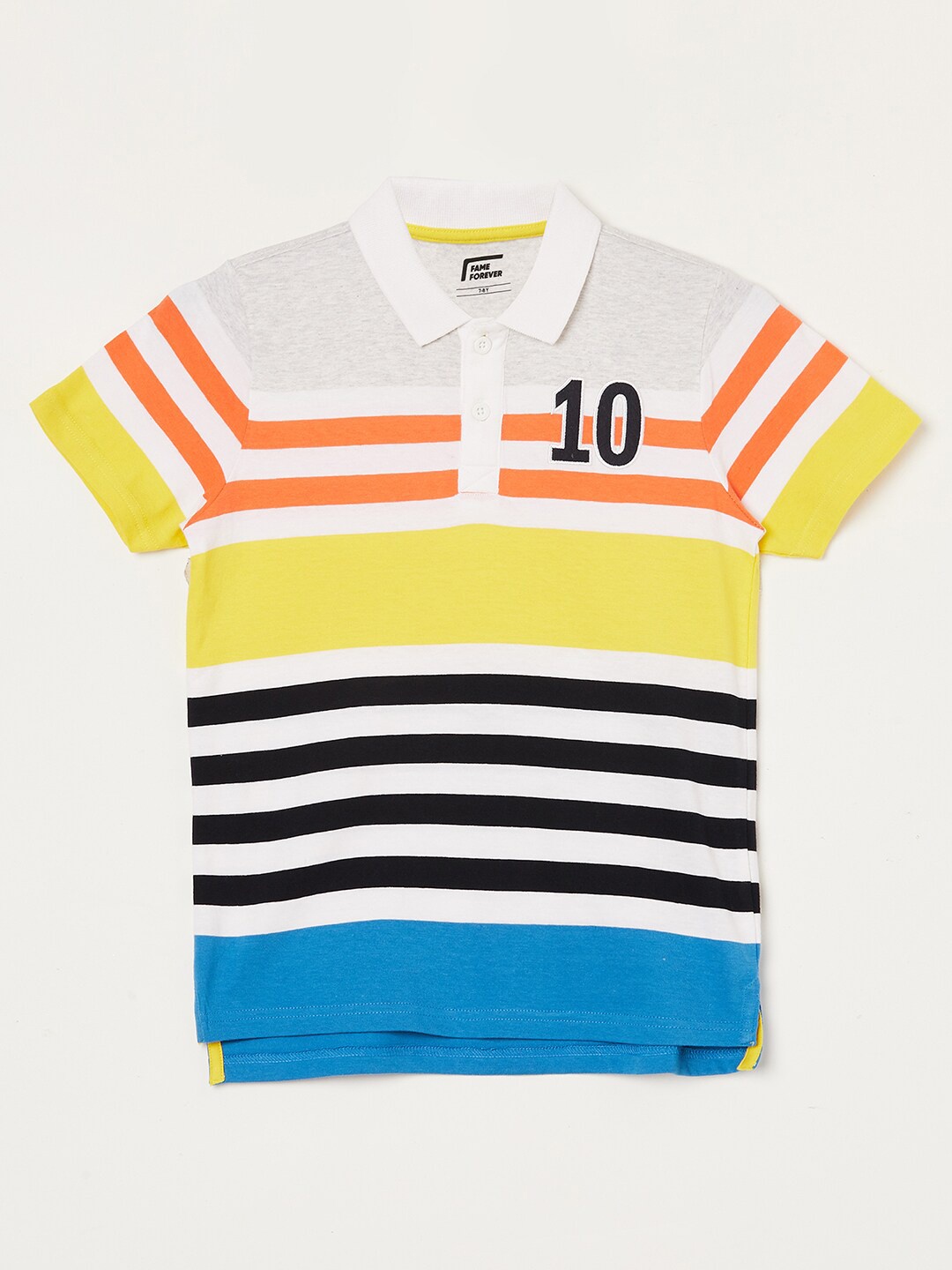 

Fame Forever by Lifestyle Boys Multicoloured Striped Polo Collar Pure Cotton Applique T-shirt, Multi