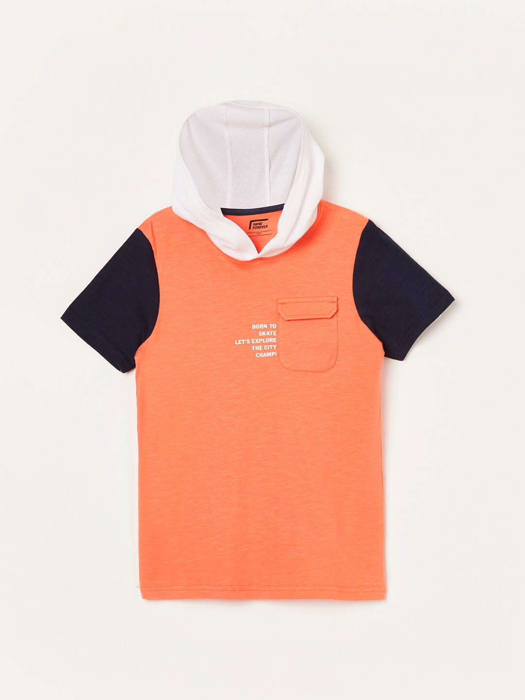 

Fame Forever by Lifestyle Boys Colourbocked Hooded Pure Cotton T-shirt, Coral