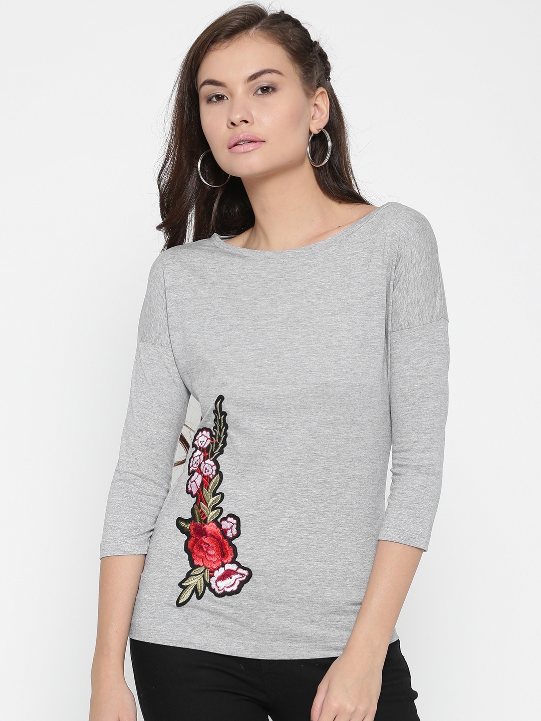 

Style Quotient Women Grey Melange Solid Boat Neck T-shirt
