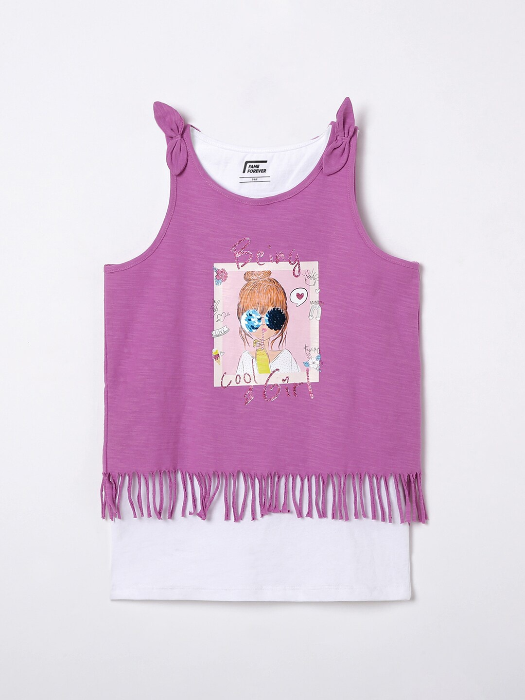 

Fame Forever by Lifestyle Girls Lavender Printed Pure Cotton Applique T-shirt