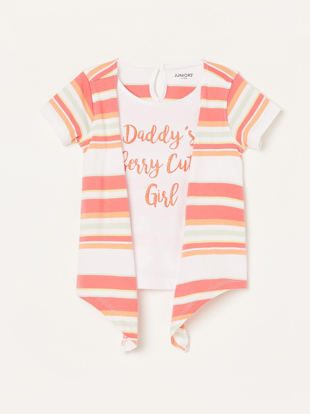 

Juniors by Lifestyle Girls Multicoloured Striped V-Neck Pure Cotton Applique T-shirt, Multi