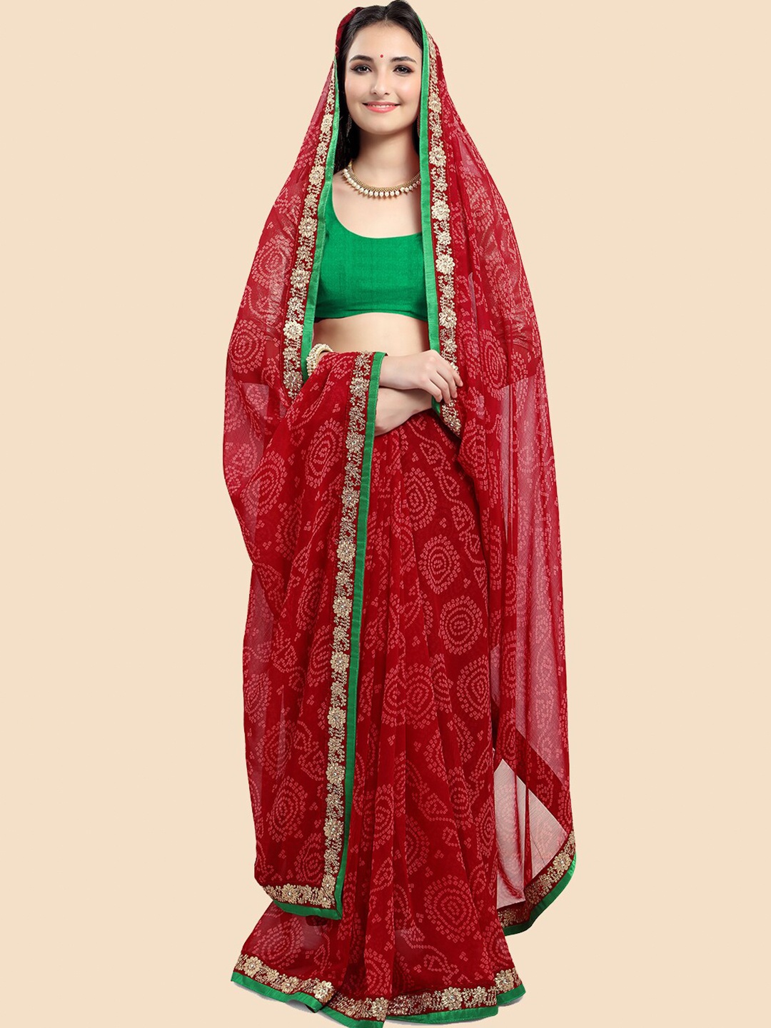 

Kasak Embellished Bordered Bandhani Saree, Red