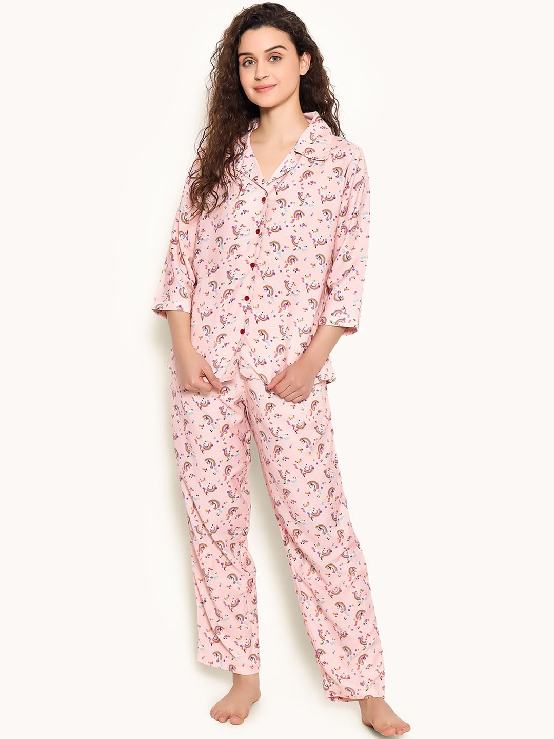 

Clovia Unicorn & Rainbow Print Shirt & Pyjama Set, Peach