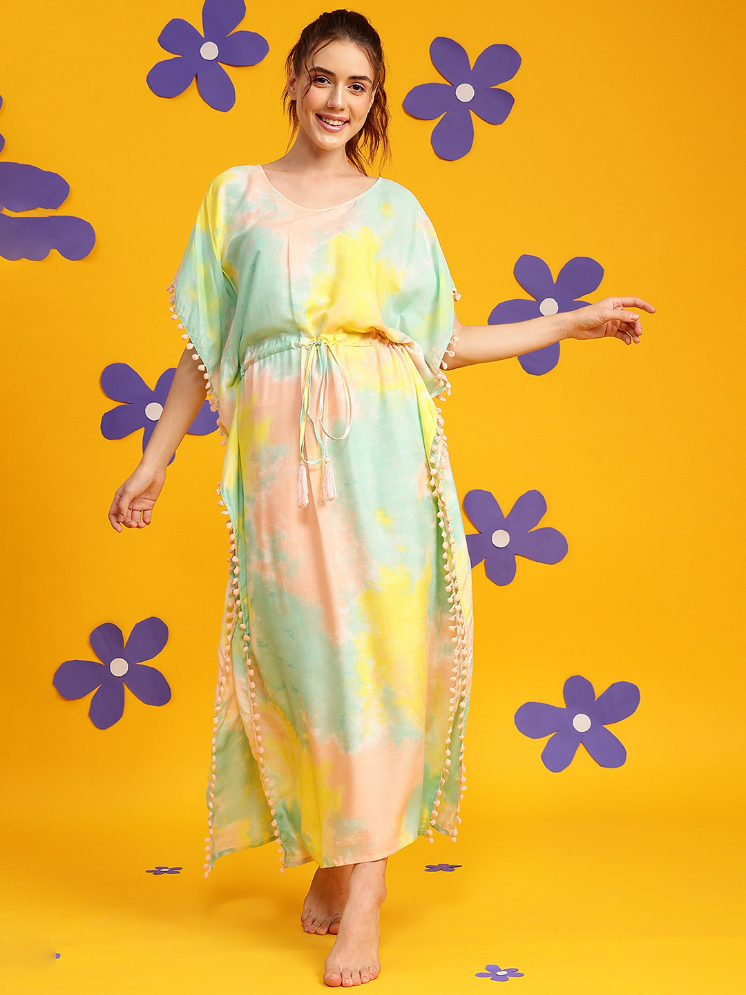 

Clovia Tie And Dye Printed Kaftan Maxi Nightdress, Pink