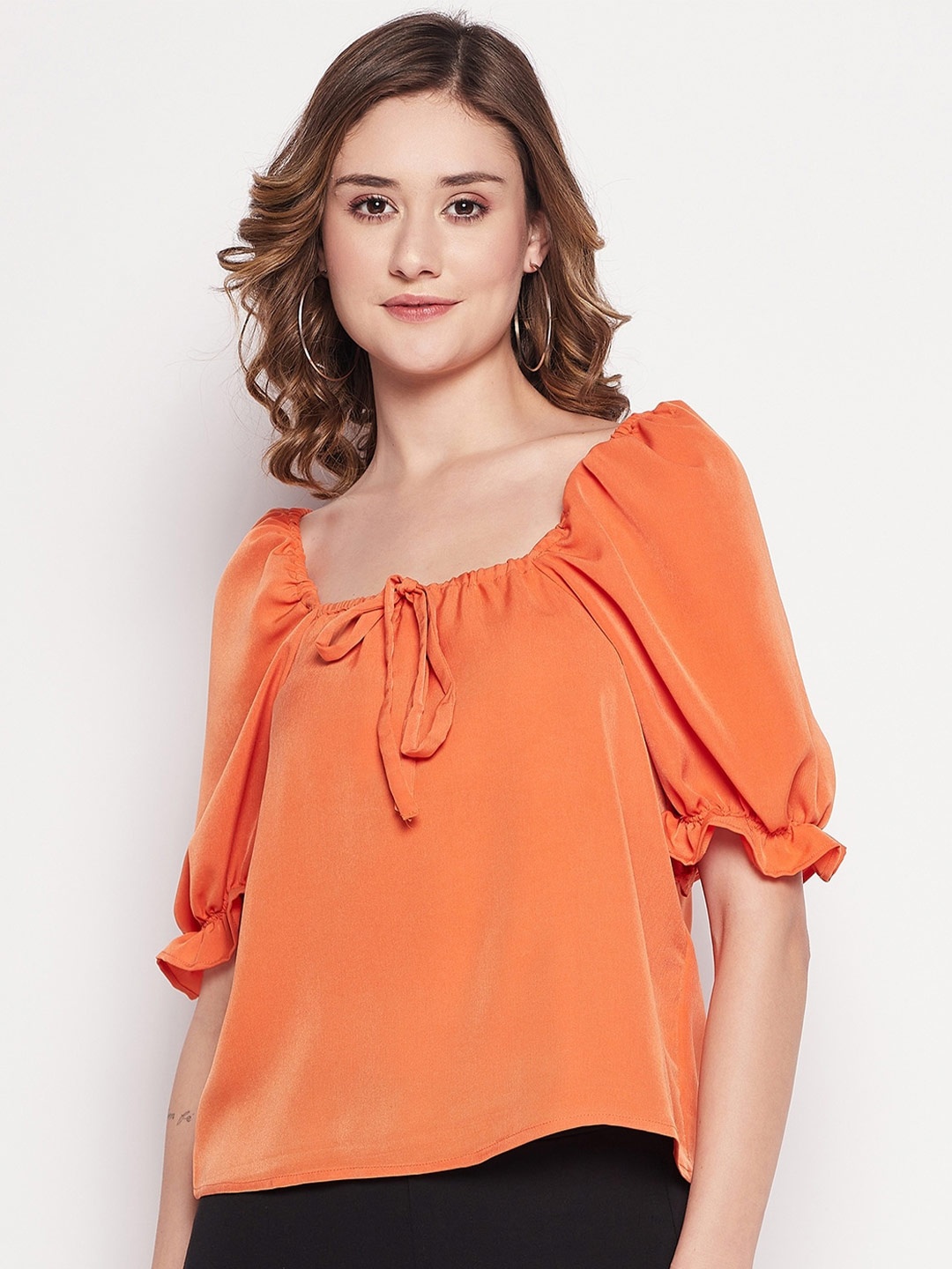 

CAMLA Tie-Up Neck Puff Sleeves Top, Orange