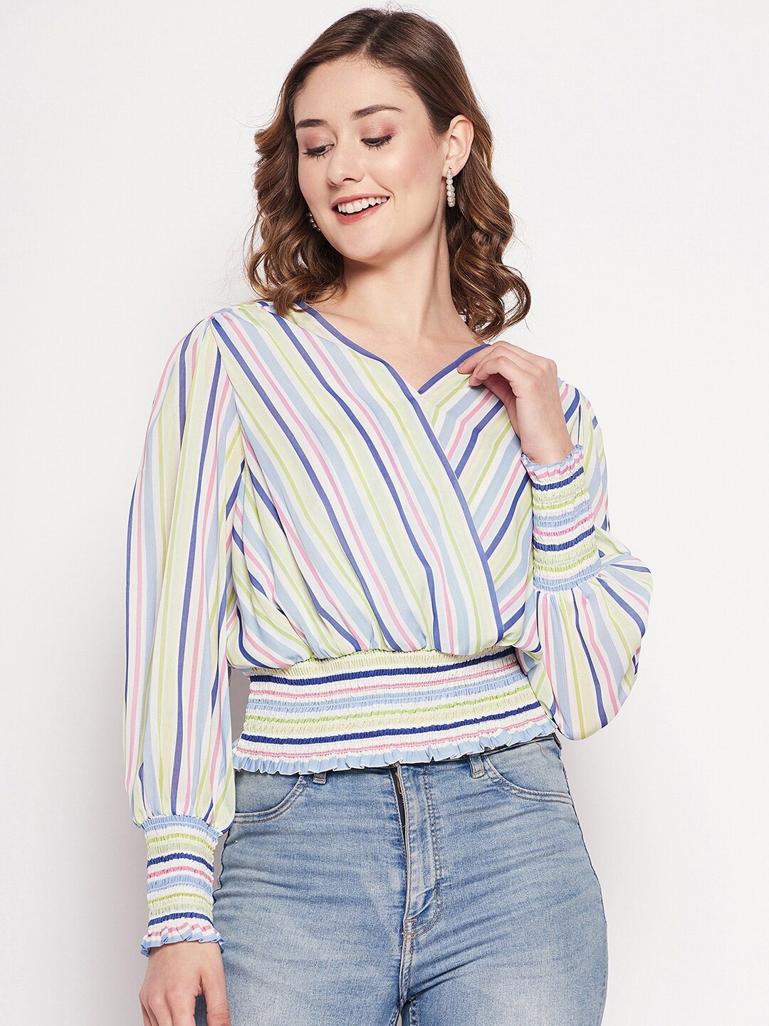 

CAMLA Vertical Striped Smocked Blouson Top, Yellow